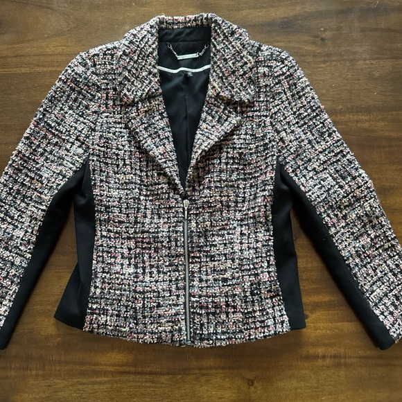 White House Black Market Jackets & Blazers - White House Black Market Black Pink Tan Tweed Zip Front Jacket Womens Size 4